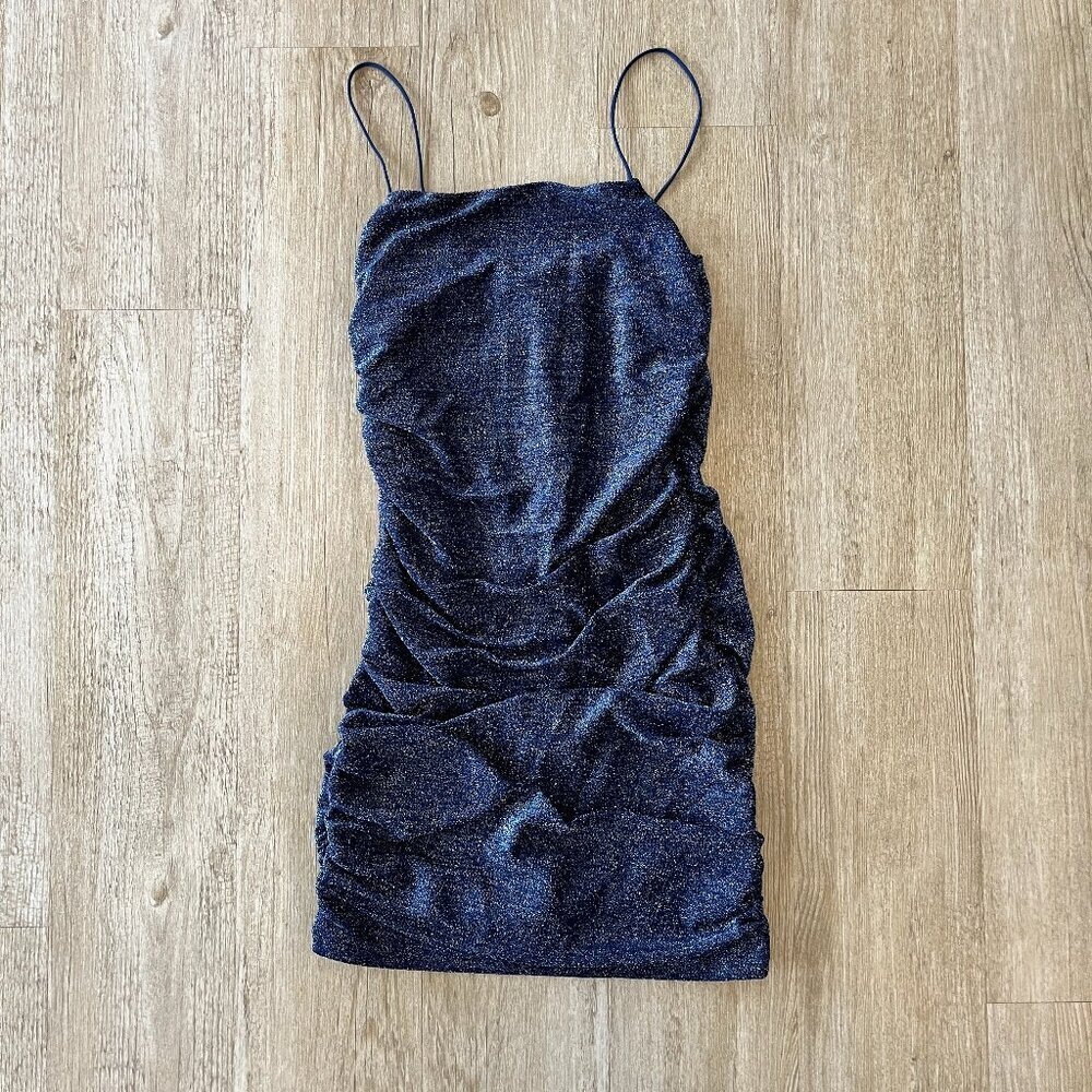 Womens NWT Amazon Floerns Blue Shimmer Rouched Mini Dress - S